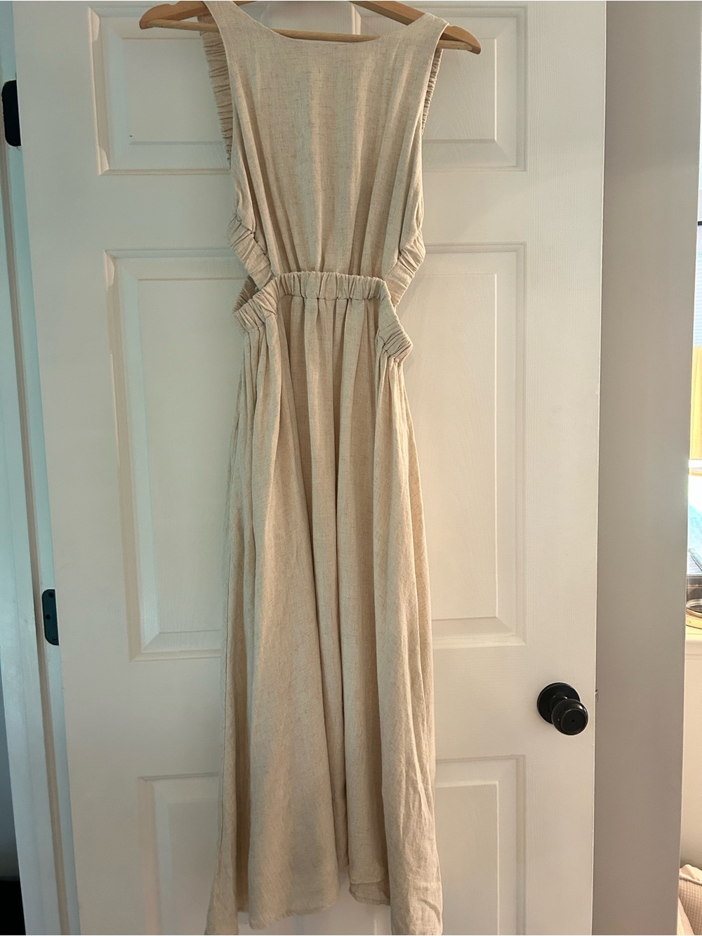 Sleeveless Cream Linen Maxi Dress with Gathered Waist